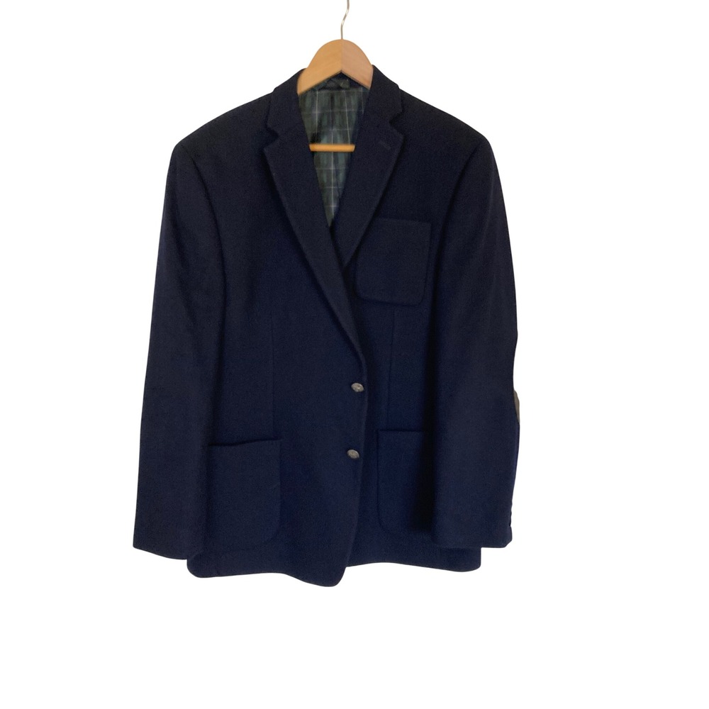 IZOD Mens Navy Wool Blend Blazer 42R Corduroy‎ Elbow Patches Crest Buttons Plaid